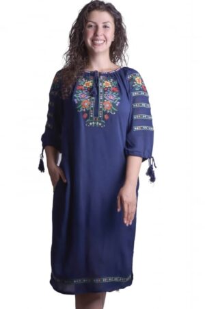 Rochie traditionala midi albastra cu motiv floral multicolor Catinca