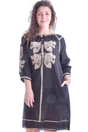 Rochie traditionala midi neagra cu motiv floral crem Ramona