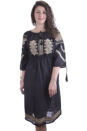 Rochie traditionala midi neagra cu motiv geometric crem Teodora