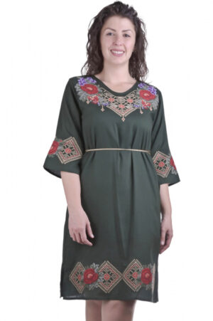 Rochie traditionala midi verde cu motiv floral rosu Silvia