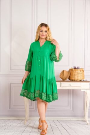 Rochie verde smarald boho chic cu volane si nasturi