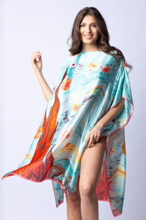 Rochie de plaja tip poncho din matase cu stilizare   Noaptea Instelata   pe fond aqua