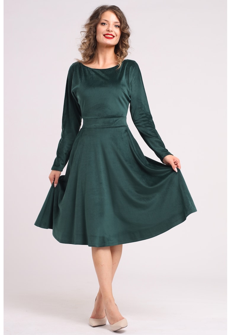 Rochie midi cu aspect de catifea - croiala evazata si buzunare laterale - Verde inchis