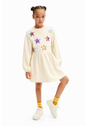 Rochie scurta evazata de bumbac - Alb fildes
