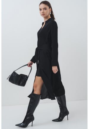 Rochie cu cordon si maneci lungi - Negru