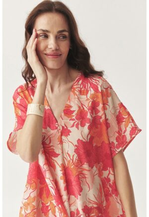 Rochie lejera cu imprimeu floral - Coral/Bej