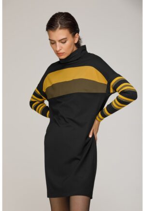 Rochie-pulover cu guler inalt si maneci liliac - Negru/Galben sofran/Kaki