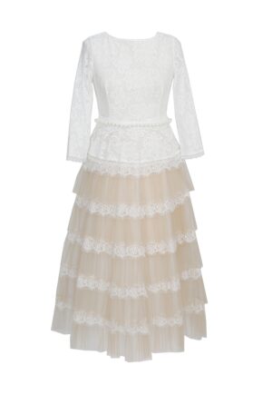 Rochie midi stratificata cu insertii de dantela Marie - Alb/Bej