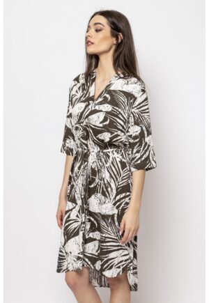 Rochie cu model si cordon in talie - Kaki inchis/Alb murdar