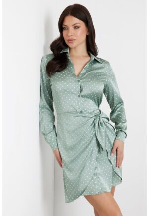 Rochie mini de satin cu buline - Alb/Verde persan