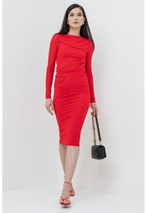 Rochie midi cambrata cu decolteu barcuta - Rosu