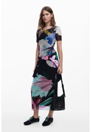 Rochie cu imprimeu floral si maneci scurte - Verde/Negru/Albastru glaciar