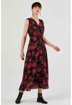 Rochie cu cordon asortat in talie - imprimeu si decolteu in V - Rosu/Verde/Negru