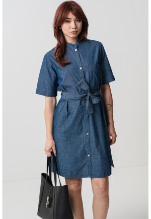 Rochie scurta din denim cu cordon in talie - Albastru pastel