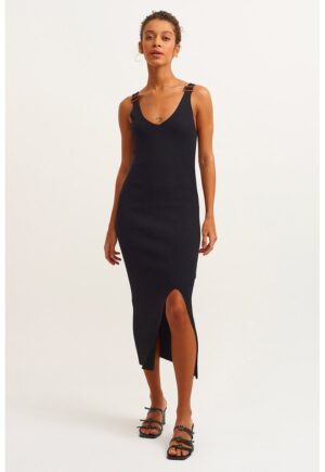 Rochie midi cu slit lateral - Negru