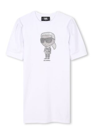 Rochie-tricou cu decolteu la baza gatului si aplicatii din strasuri - Alb optic