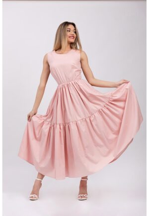 Rochie evazata fara maneci cu buzunare laterale - Roz pal