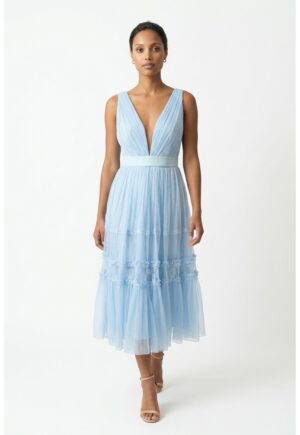 ambar stidio - Rochie midi din matase si dantela Amza - Albastru deschis