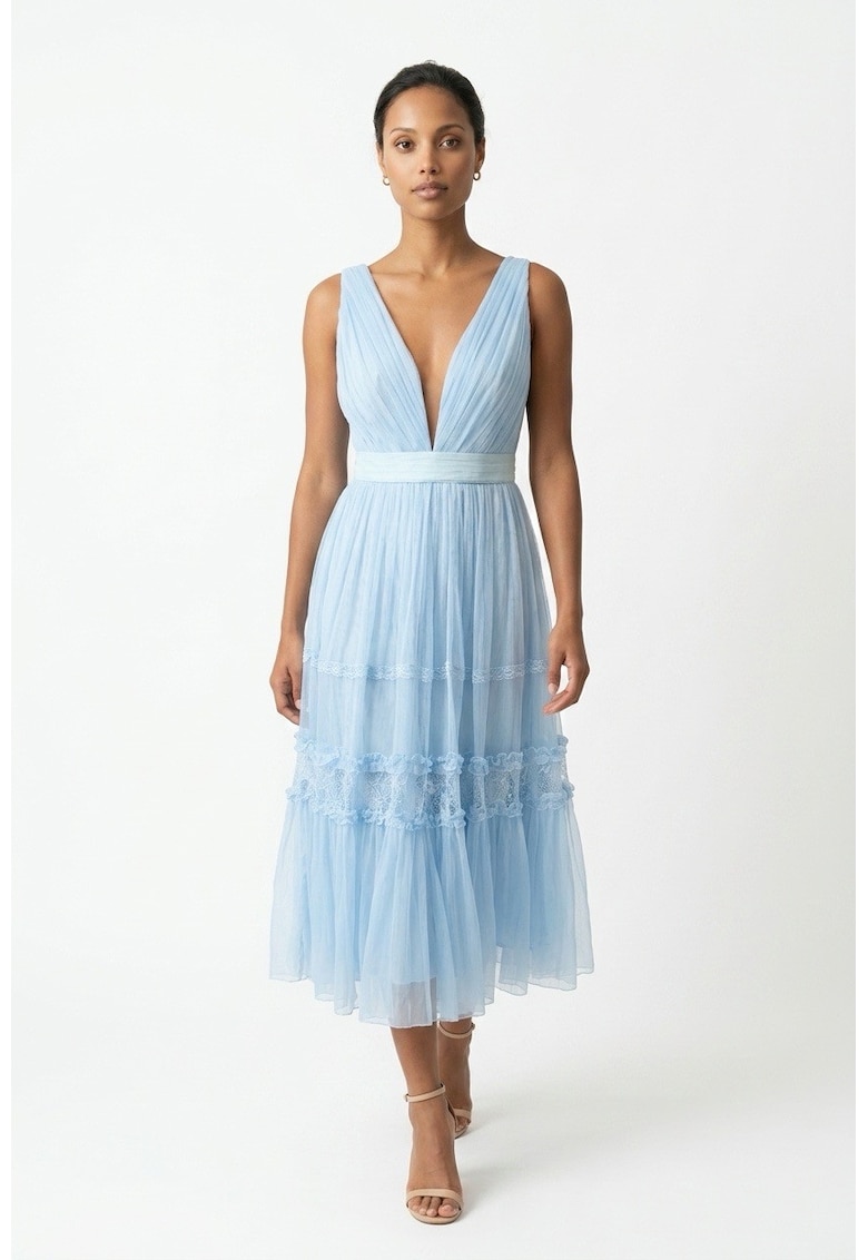 ambar stidio - Rochie midi din matase si dantela Amza - Albastru deschis
