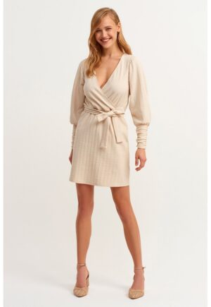 Rochie mini texturata cu snur in talie - Bej deschis