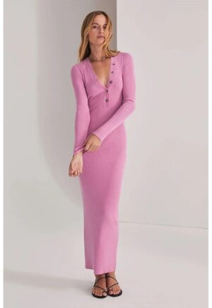 Rochie lunga din tricot cu maneci lungi si detalii din nasturi - Roz