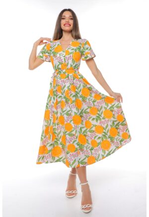 Rochie-camasa cu cordon in talie - Portocaliu/Verde pal