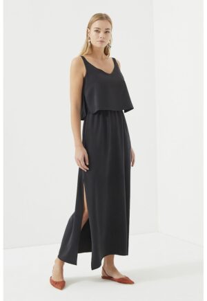 Rochie din lyocell cu aspect 2-in-1 - Negru stins