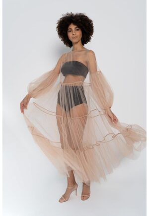 Rochie maxi din tul transparent Alena - Maro nisip