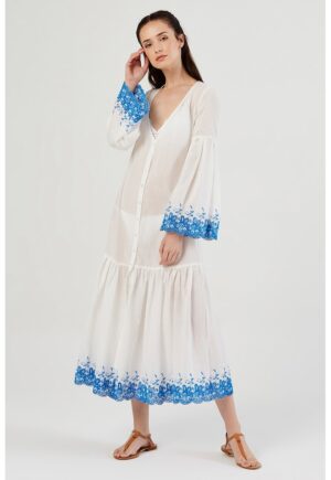 Rochie cu broderie si decolteu in V - Alb/Albastru royal