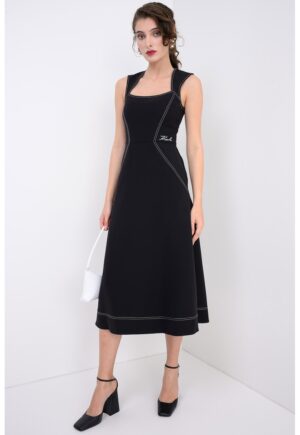 Rochie midi cu croiala evazata si cusaturii contrastante - Negru