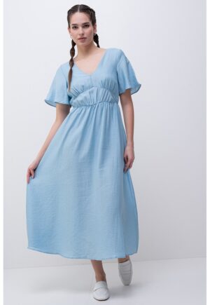 Rochie maxi cu decolteu in V - Albastru pastel