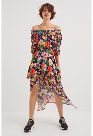 Rochie cu decolteu pe umari si imprimeu floral - Multicolor
