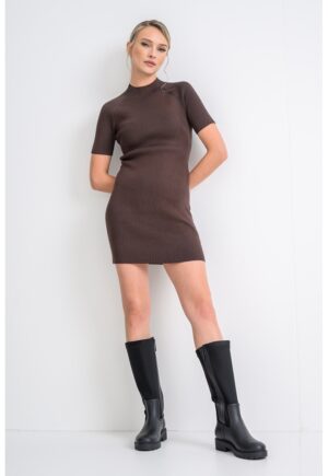 Rochie-pulover cambrata cu aspect striat - Bleumarin/Verde melange inchis