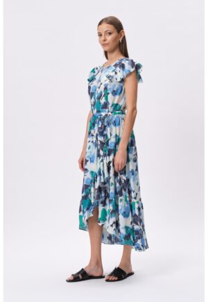 Rochie asimetrica cu model - Alb/Albastru