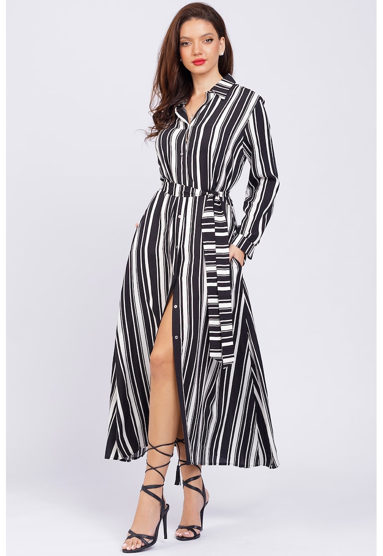 Rochie-camasa lunga cu buzunare - Negru stins/Alb optic