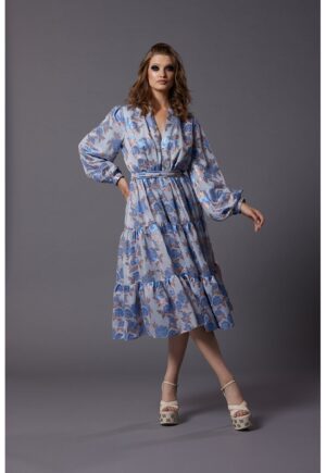 Rochie din amestec de matase cu imprimeu floral si maneci ample Pray - Albastru azur/Albastru lavanda