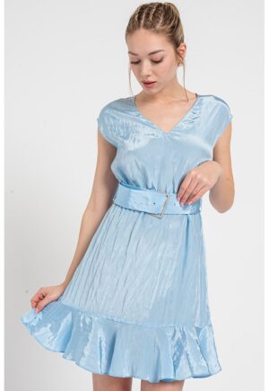 Rochie mini evazata cu decolteu in V - Albastru glaciar