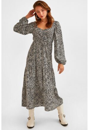 Rochie cu imprimeu floral si decolteu patrat - Alb/Negru