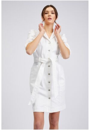 Rochie de denim cu maneci bufante si cordon in talie - Alb