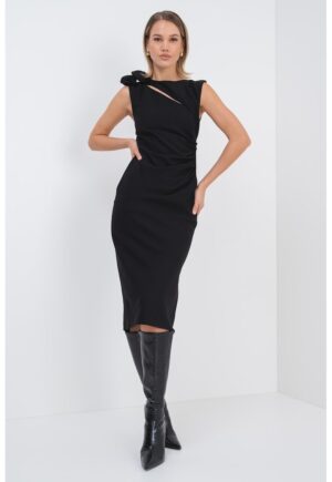 Rochie midi dreapta din amestec de lana cu decupaj - Negru
