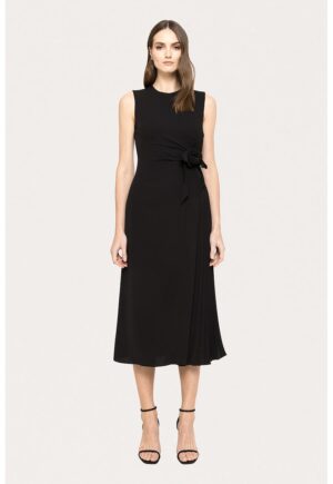 Rochie cu pliuri si floare in talie - Negru