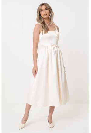 Rochie midi evazata cu buzunare laterale - Alb/Crem