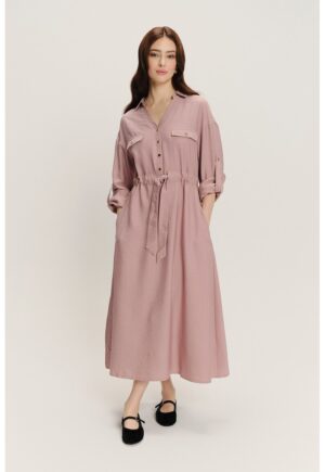 Rochie cu talie ajustabila si maneci lungi - Roz prafuit