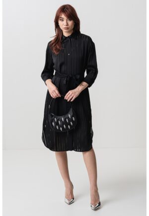 Rochie-camasa midi cu cordon in talie - Negru
