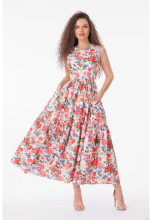 Rochie evazata fara maneci cu buzunare laterale - Alb/Coral/Albastru prafuit