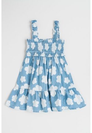Rochie din denim cu imprimeu floral - Albastru pastel/Alb optic