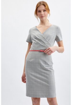 Rochie cu curea subtire si model in carouri - Gri deschis