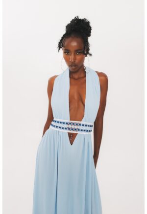 Rochie maxi cu decolteu adanc in V - Albastru deschis