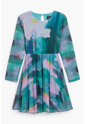 Rochie mini cu maneci lungi si model tie-dye - Verde persan