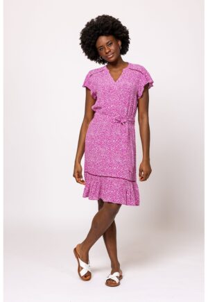 Rochie cu imprimeu si cordon in talie - Roz deschis/Alb optic